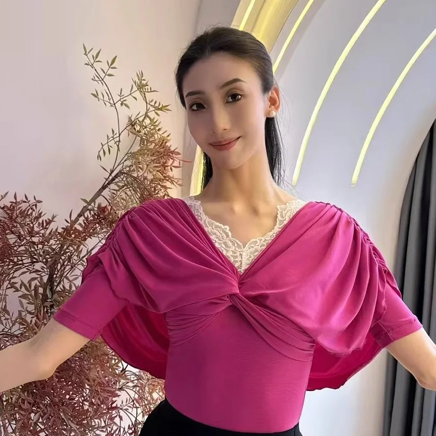 

2025 Ballroom Dance Clothes Women Bat Sleeves Lace V Neck Bodysuit Adult Waltz Dance Practice Tops Training Dancewear BL15823