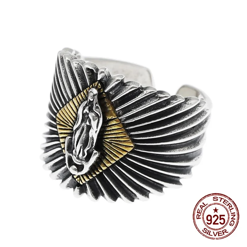 

S925 Sterling Silver Ring Opening Vintage Wide Version Virgin Mary Style Trendy Jewelry Personalized Gift for Lovers