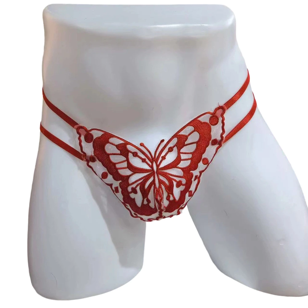 

Butterfly Embroidery Men's Thong Underwear Sheer Lace Fabric Double Strap Waistband Low Rise Sexy Briefs For Intimate Moments
