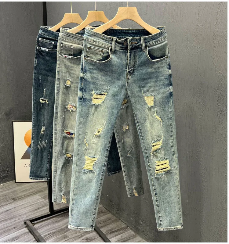 High Quali Men's Ripped Denim Jeans Tight Fit Nine Points Elastic Slim Leg Long Pants Spring Autumn New Sle Korean Version