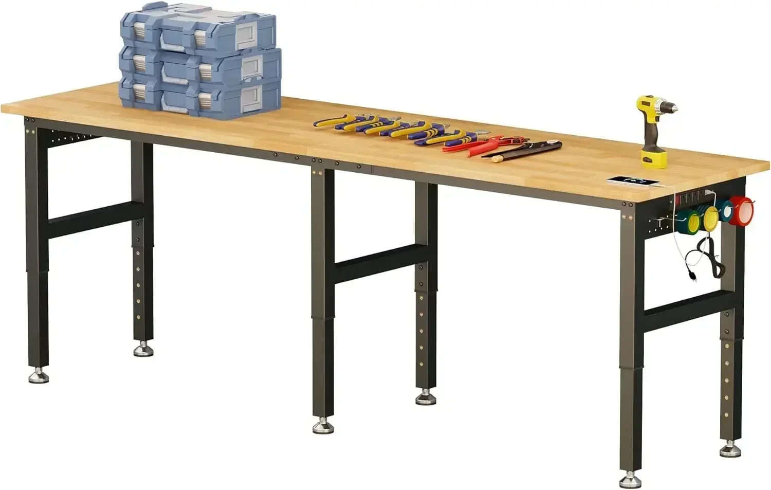 96“ Adjustable Heavy Duty Workbench with 4 AC Outlet and 2 USB Ports Power Outlets, 5000 Lbs Capacity, Rubber Wood Top