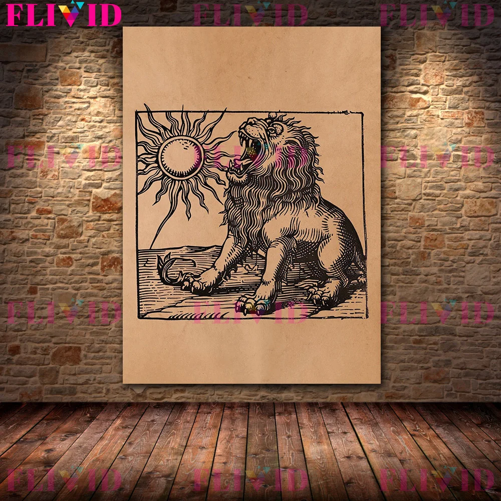 Lion Devouring The Sun,Vintage Alchemist Wall Art Canvas Painting,Ancient Occult Witch Art Poster Print,Wiccan Decor Unframed