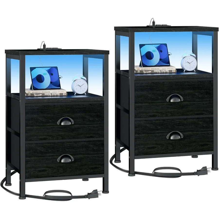 

Nightstands Set of 2 End Tables with Charging Station and LED Lights Black Night Stands with 2 Fabric Drawers Bedside Tables Se