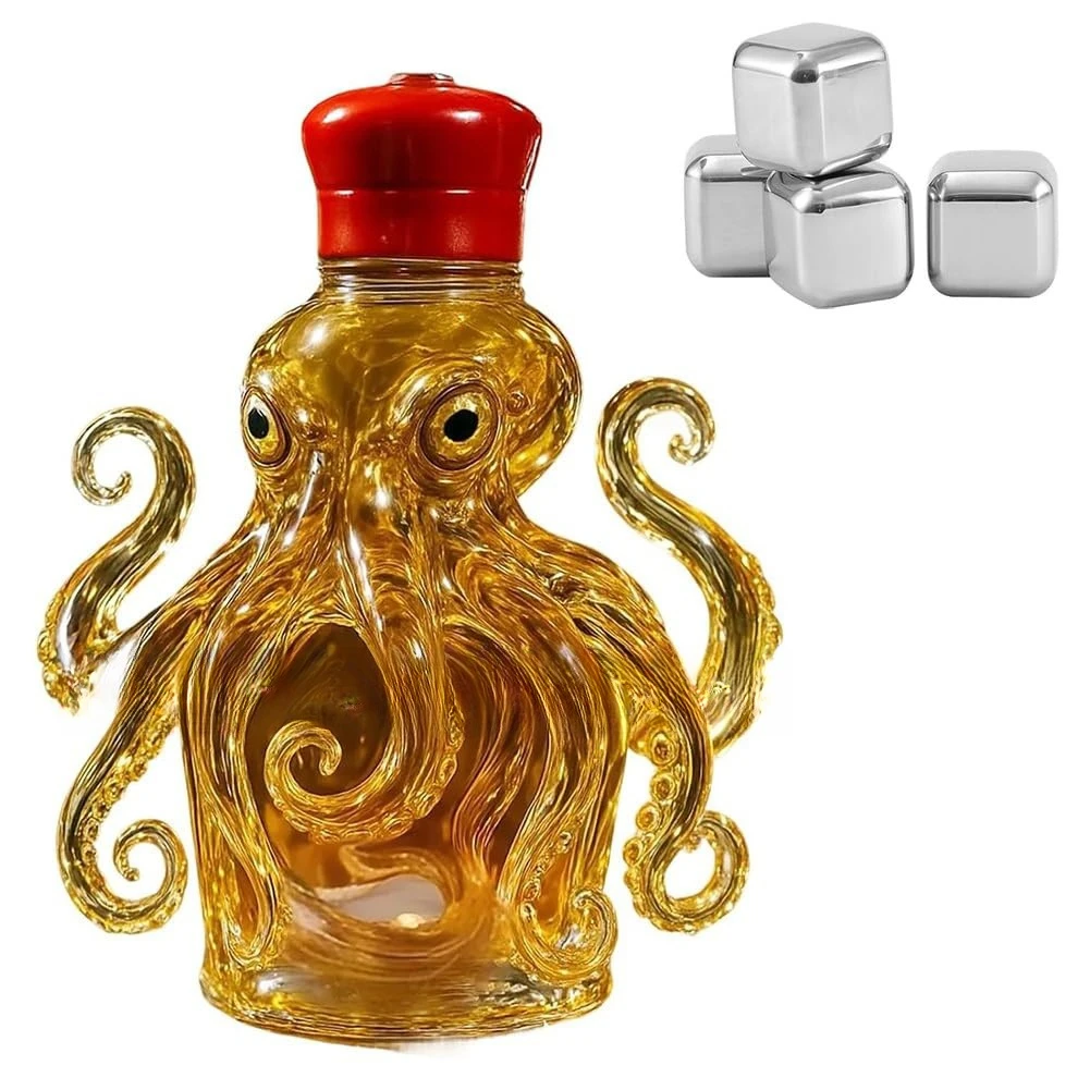 3D Carved Octopus Whiskey Decanter Glass Bottle Home Bar Decor Tabletop Ornament Ocean Theme Sculpture Liquor Storage Container view 6
