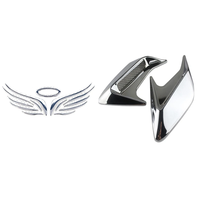 3 Pcs Cai Accessories: 1 Pcs 3D Angel Fairy Wings Car Emblem & 2 Pcs Abs Plastic Car Side Shark Gills Side Vent Sticker