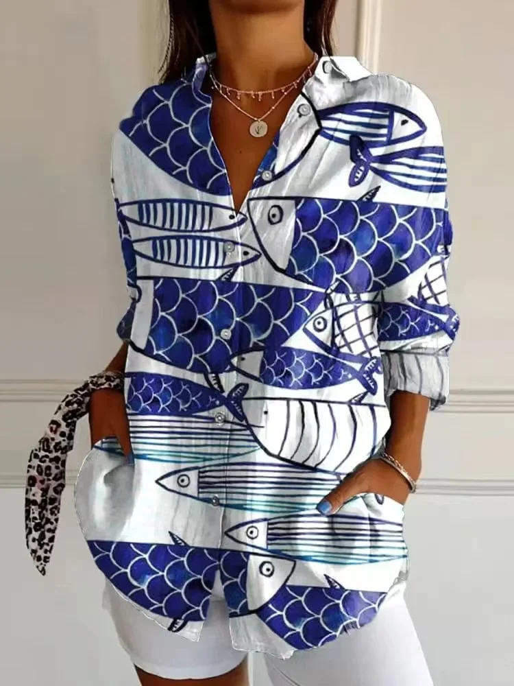 

New women's fashion shirt button 3D printed fish pattern shirt simple casual retro shirt large size women's tops