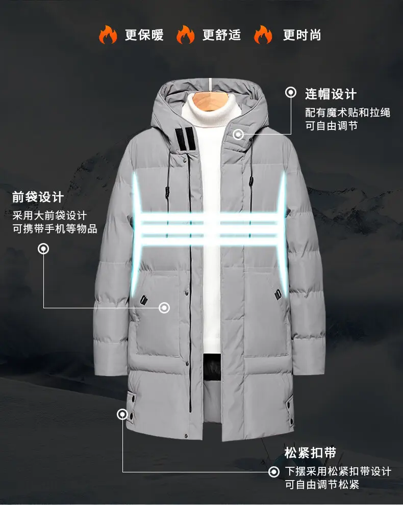 Men Mid Long Hooded Padded Cotton Jacket Plus Size Thick Warm Quilted Winter Coat Drawstring Hood Casual Cold Weather Outerwear