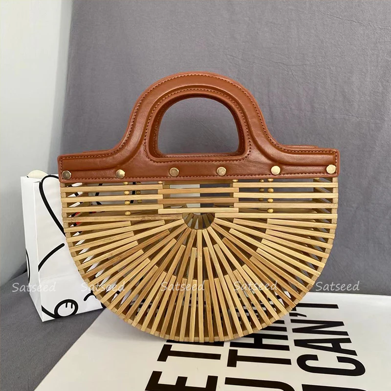 Bamboo Woven Summer 2023 Trend Handheld Women\'s Bag Straw Hollow Beach Vacation Beach Pu Handle Retro Exquisite Purses Handbags