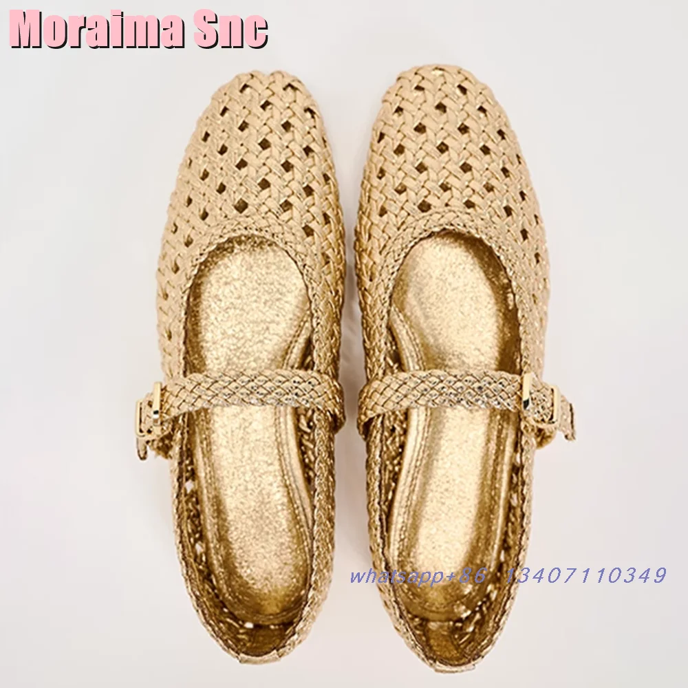 Fashion Golden Braided Ballet Shoes Hollow Flat With Belt Buckle Casual Women\'s Mary Janes Solid Autumn Winter 2025 New Arrivals