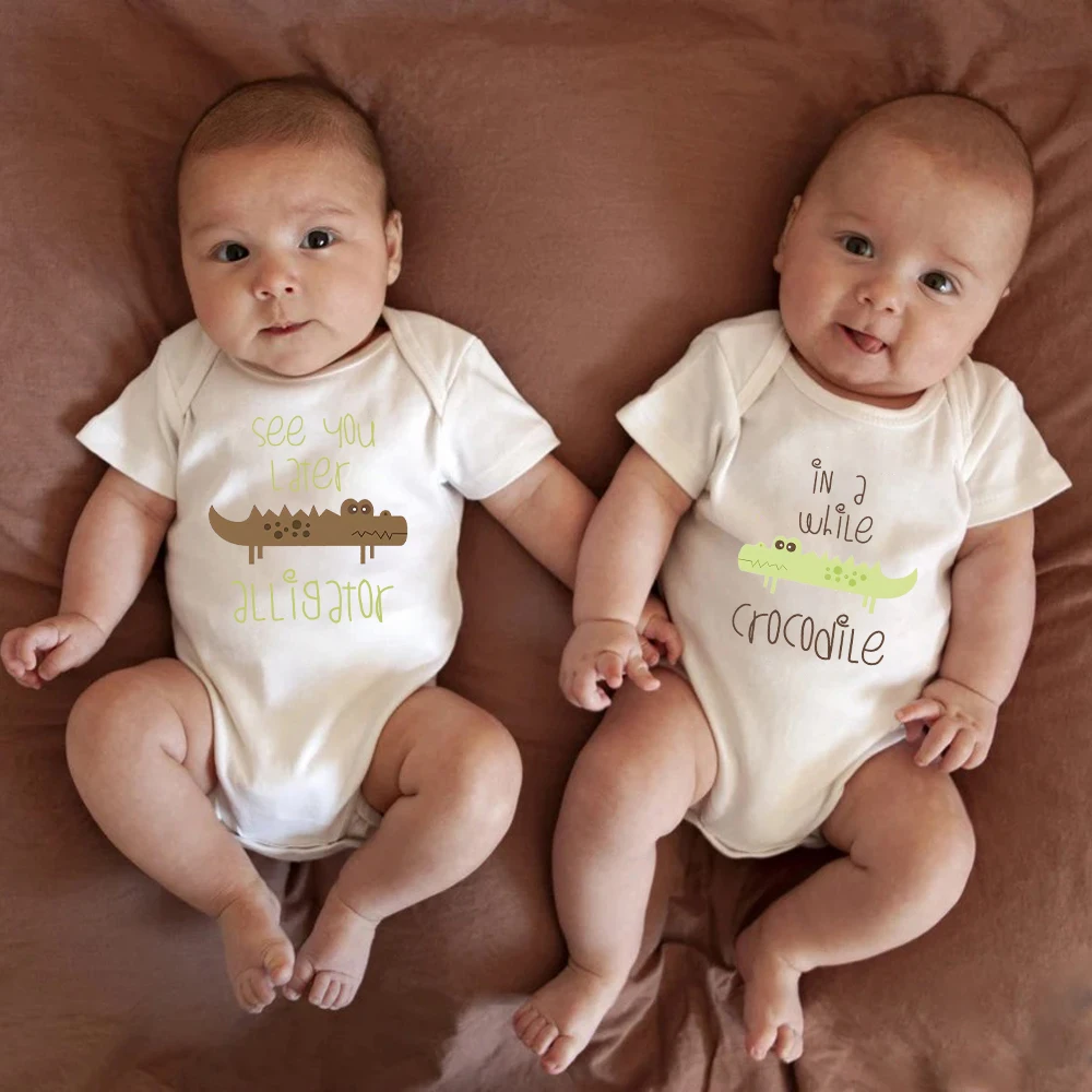 See You Later Alligator Twin Baby Girls Clothes Cartoon Aestehtic Cute Newborn Onesie Pajamas 0-24 Months Cotton Infant Romper