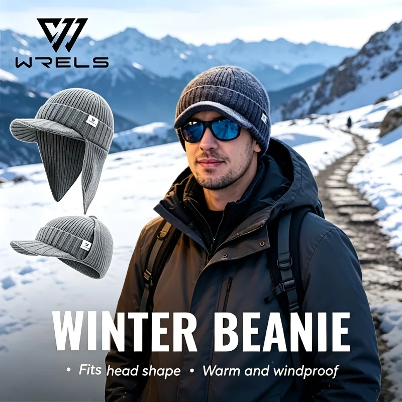 WRELS Brim Beanie Cap with Earflap Winter Soft Thermal Warm Windproof Outdoor Cycling Cap Unisex Hiking Jogging Travel Ski Cap
