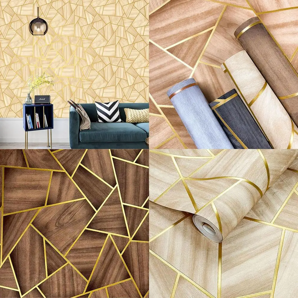 Wood Grain Pattern Wallpaper Modern Golden Line PVC Waterproof Wallpaper for Bedroom Living Room Dining Room TV Background Wall