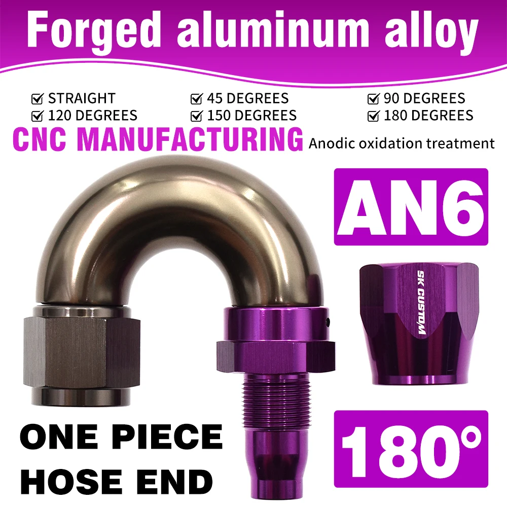 SK CUSTOM AN6 One Piece Hose End Forged Aluminum Alloy Swivel Fuel Fitting Adapter Str0° 45° 90° 120° 150° 180° Interface Purple
