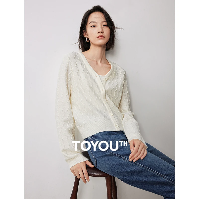 TOYOUTH Women Knitwear 2024 Autumn New V Neck Single Breasted Button Long Sleeve Solid Color Woolen Cardigan