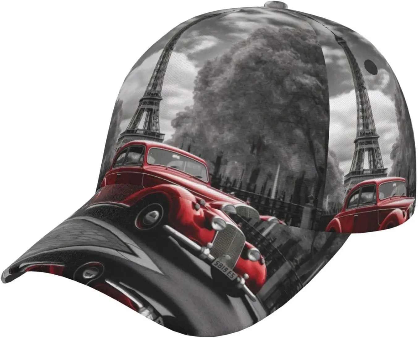 City Street Red Car Print Unisex Baseball Cap - Full Frame Print Design, Adjustable Size