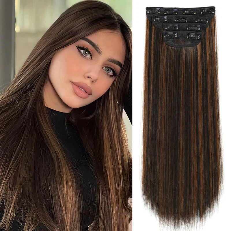 

4PCS Clip in Hair Extensions 24 Inches Long Straight Layered Hair Extensions Synthetic Soft Lace Weft Hair Extensions for Women