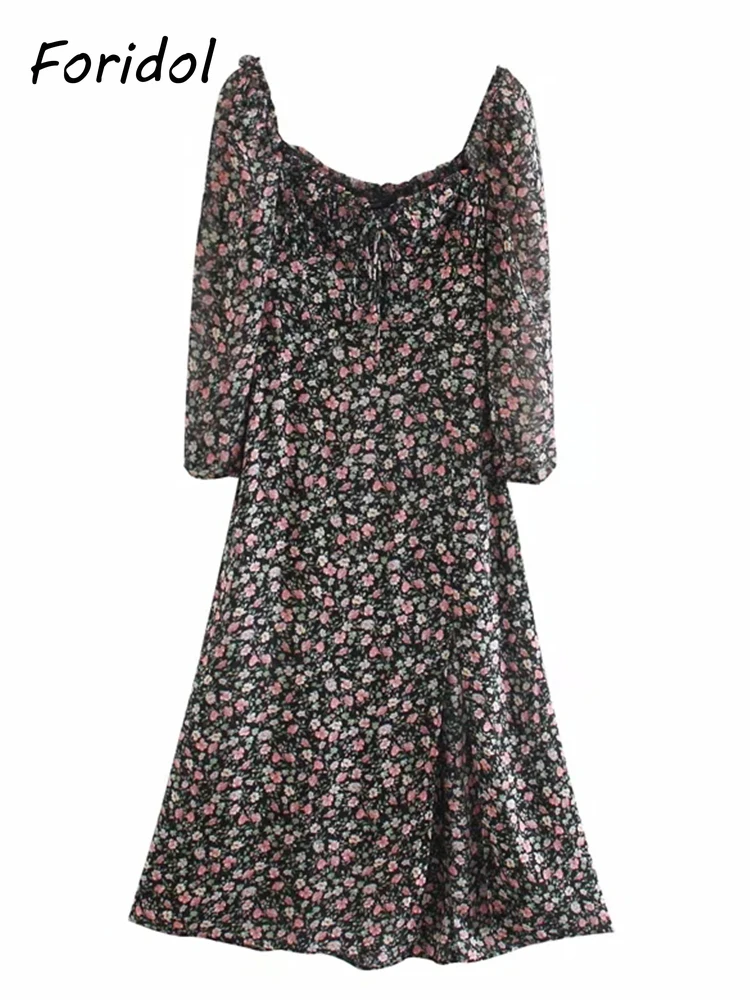 Vintage, w kwiaty drukuj długa sukienka Boho kobiety lato wiosna latarnia rękaw szyfonowa Boho plaża sukienka z rozcięciem Casual Dress jesień