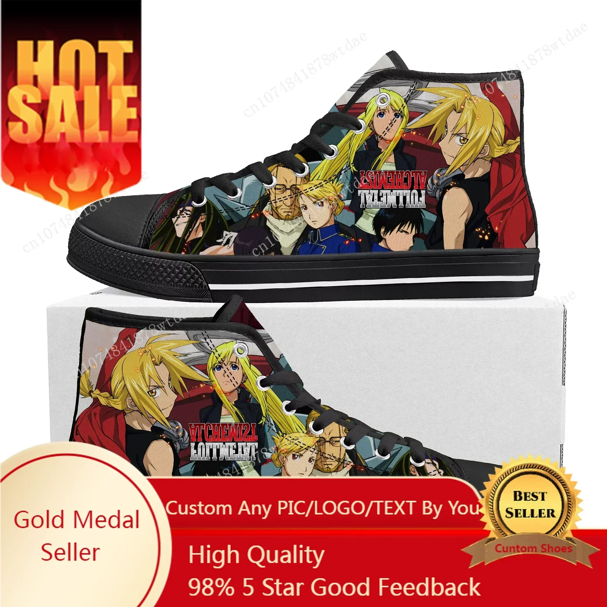 Fullmetal Alchemist High Top Sneakers Mens Womens Edward Elric High Quality Canvas Sneaker Cartoon Custom Made Shoes