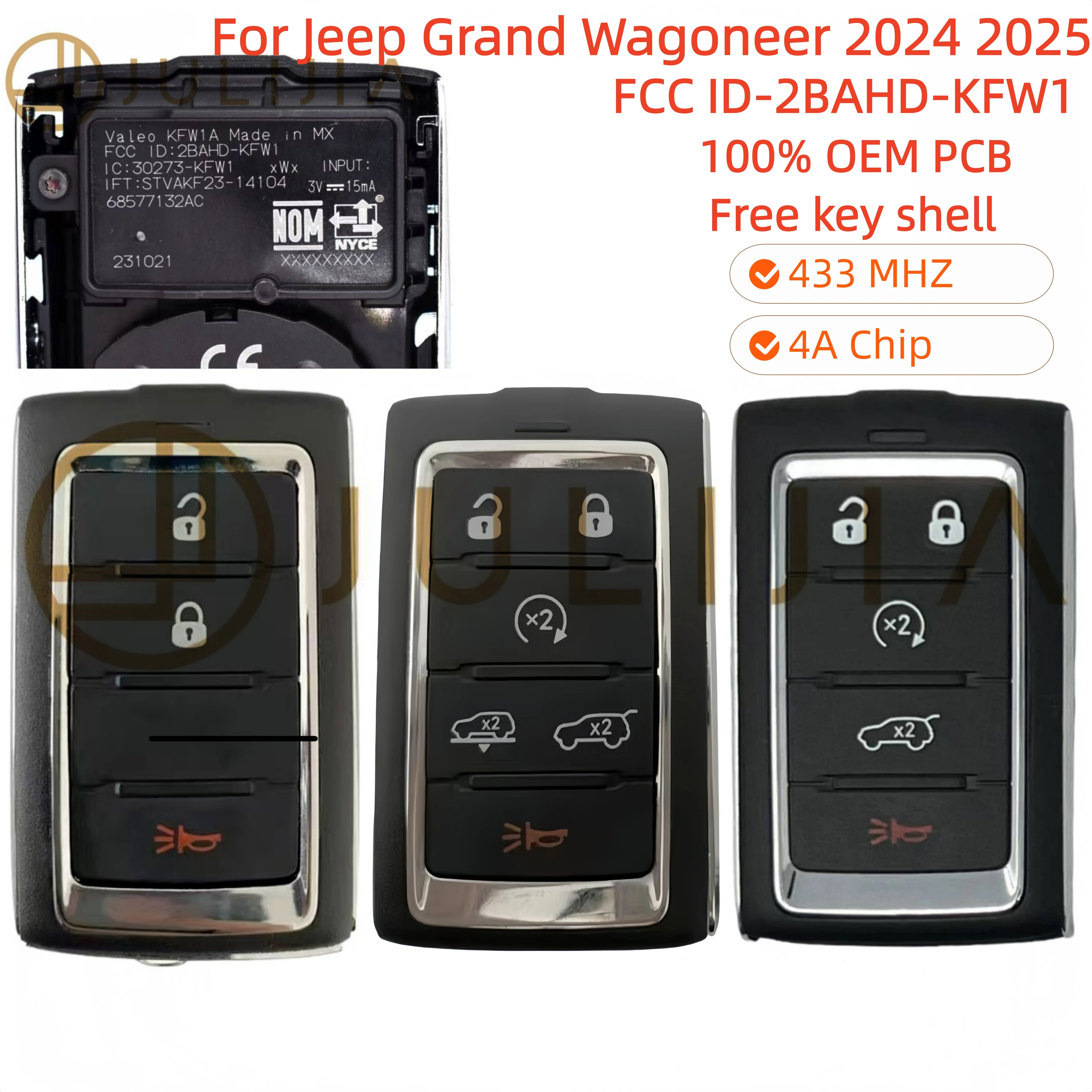 JULIJIA 2BAHD-KFW1 For Jeep Grand Wagoneer Mart Remote Key 4A Chip 2024 2025 OEM PCB 433MHZ 5/6 Buttons 2BAHD-KFW1 68577132AC
