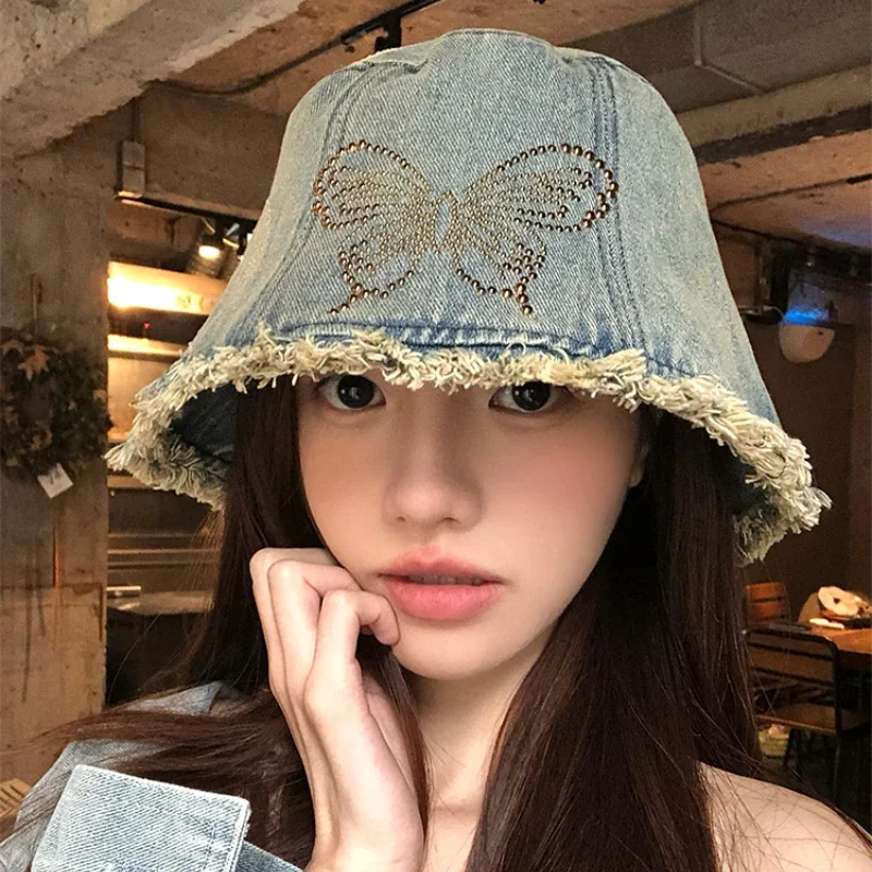 

Персонализированная джинсовая панама с бабочкой и горячими бриллиантами, Y2K, весенне-летняя дорожная универсальная женская кепка для бассейна в стиле ретро