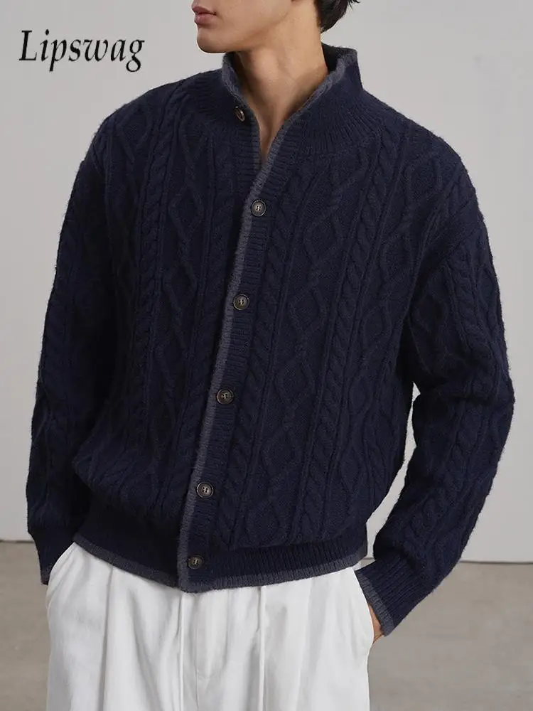 

Осенне-зимняя уличная одежда, мужской вязаный кардиган, винтажный свитер с воротником-стойкой на пуговицах, мужские стильные текстурированные вязаные куртки