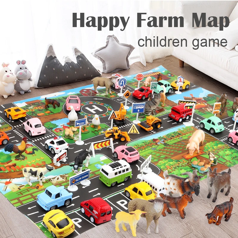 83*57cm City Traffic Road Signs Car Model Parking Map Play House Farm Dinosaur Scene Map Game Waterproof Mat City Traffic