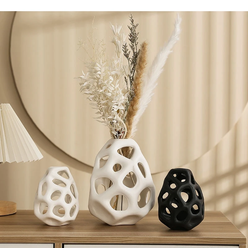 Geometric Hollowed Out Ceramic Vase Desktop Decoration Flower Arrangement Gardening Modern Home