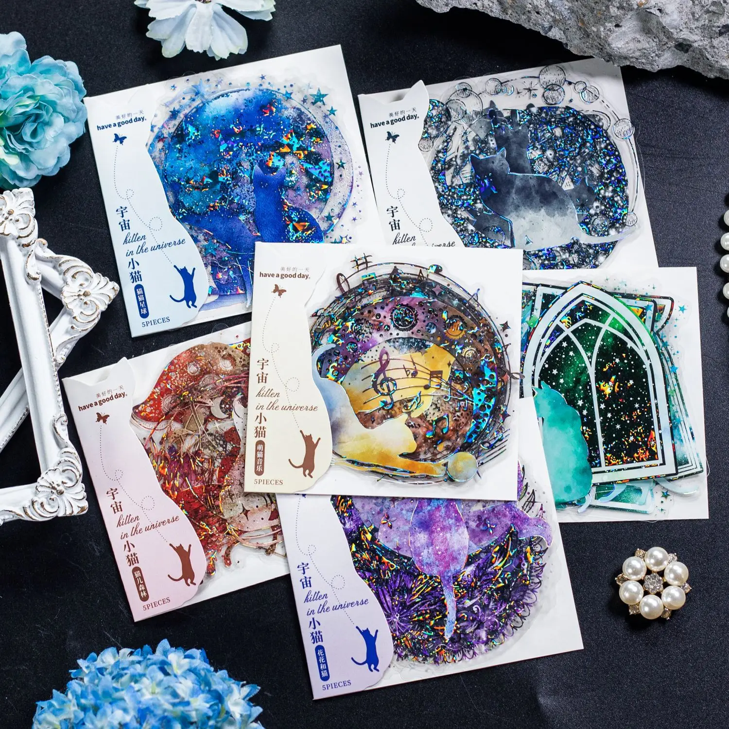 5 pcs space cats laser PET Stickers pack Adhesive Diy Scrapbooking Diary Album Scrapbooking accessories Junk Journal Supplies