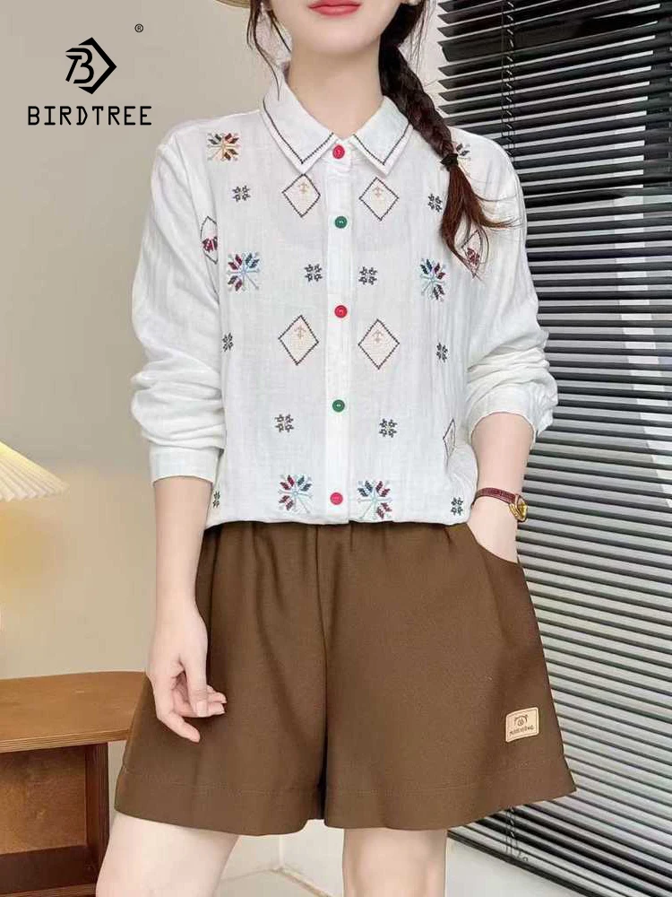 

New 2025 Autumn Cotton Yarn Long Sleeve Shirt, Women Turn-down Collar Embroidery, Mori Girl OL Versatile Loose Blouse T59251CC