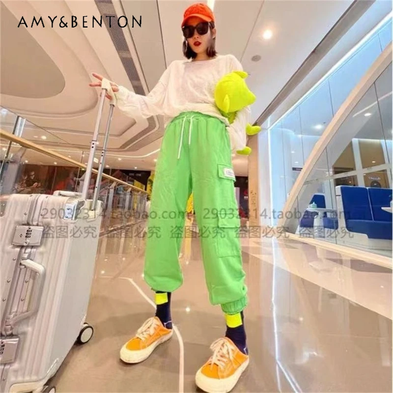 

2025 Autumn New Versatile Casual Jogger Cargo Pants Elastic Waist Oversized Pocket Pure Cotton High Waist Sweatpants For Women