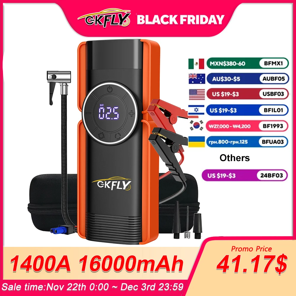 GKFLY 4 In 1 Car Jump Starter Air Compressor 1400A Portable Power Bank 16000mAh Car Battery Charger Booster Starting Device