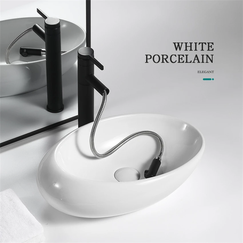 

Creative Ceramic Basin Countertop Sinks Simple Washbasin Bathroom White Single Basin Balcony Art Basin With Faucet 490*310*150mm