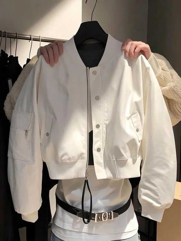 White Short Zipper Baseball Jacket Women's Loose Fit Flight Style Top Premium Feel Autumn Essential Commute Fashion