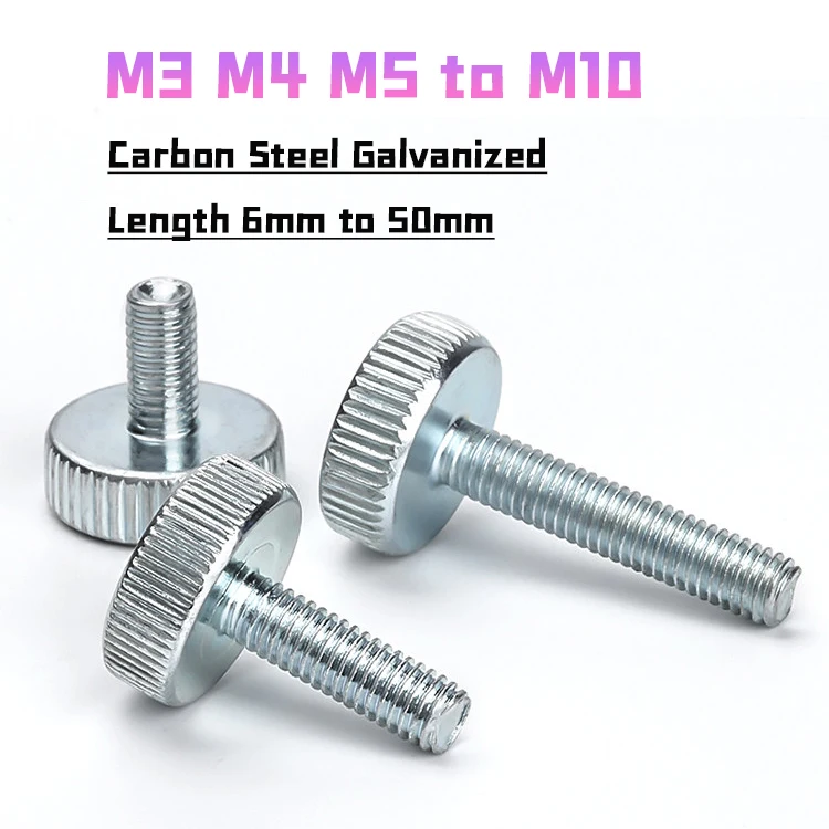 Peijian M3 M4 M5 M6 M8 M10 Carbon Steel Galvanized Knurl Flat Hand Tighten Thumb Screw Bolt Fully Threaded Thumb Adjust Toolless
