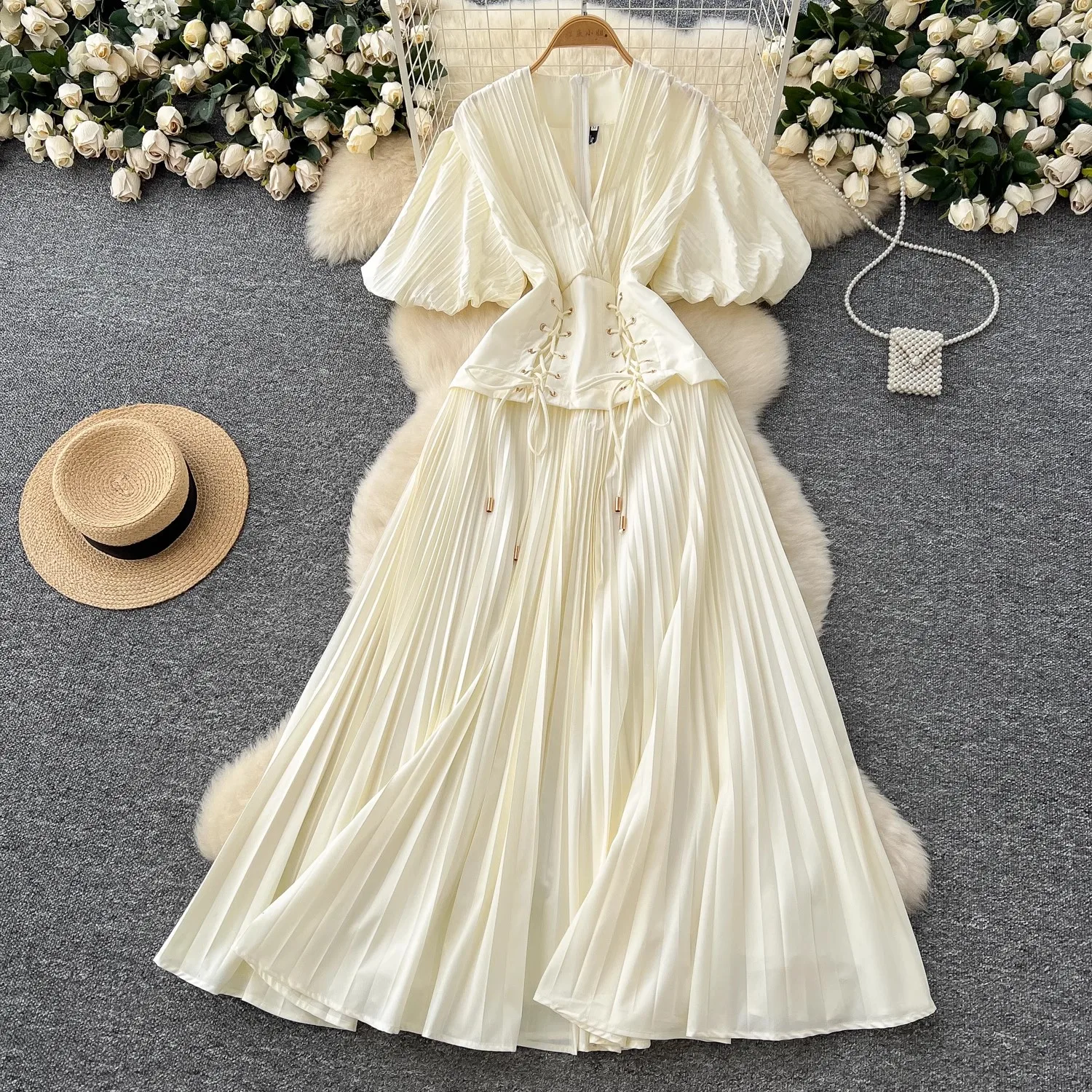 Frauen Elegante Gefaltete Boho Lange Abendkleider Dame Sexy V-ausschnitt Kurze Laterne Hülse Hohe Taille Bandage Roben