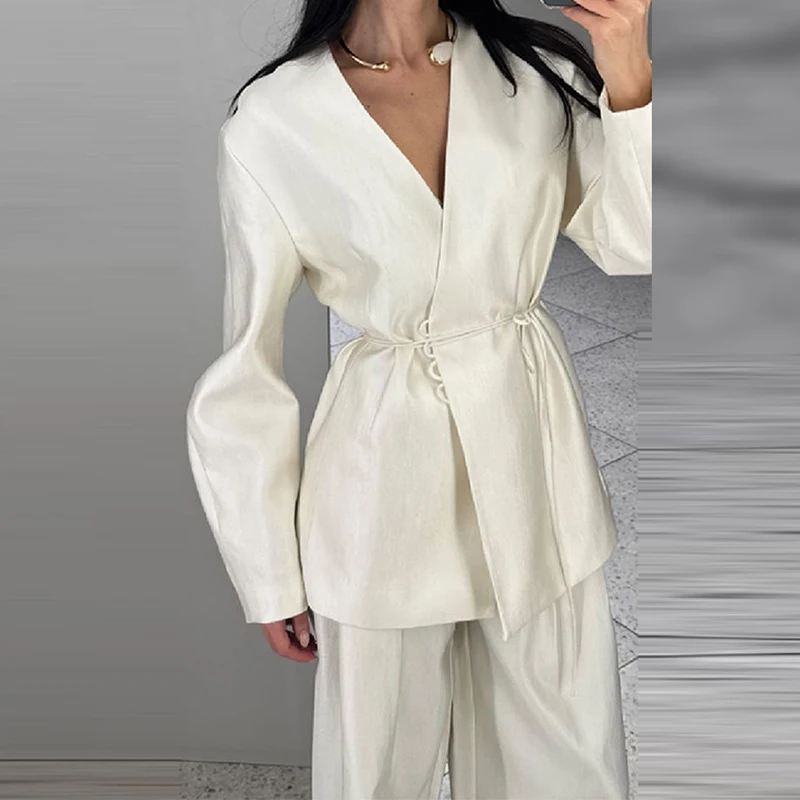 

Сексуальные комплекты из топа с V-образным вырезом и шнуровкой и длинных брюк, модные однотонные костюмы с широкими штанинами, повседневные комплекты из 2 предметов с длинными рукавами