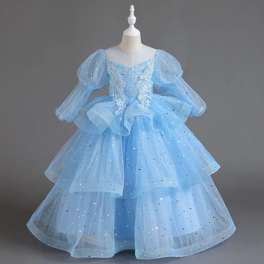 

Luxury Girls Party Dresses Long Sleeve Layered Christmas Princess Evening Bride Gown for Kids Children's White Prom 12 14 Years