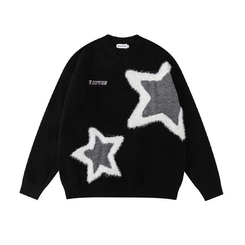 Retro Harajuku Star Flocked Couple Sweater Oversized Pullover Long Sleeved Thickened Mens Womens Loose Versatile Casual Sweaters