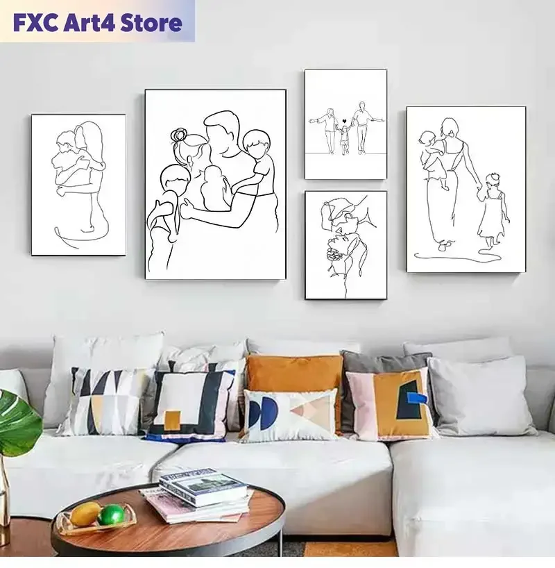 Frameless Art Canvas Print Painting Moder Decorative Pictures Mother and Daughters Son Art Line Drawing Posters Abstract Minimal