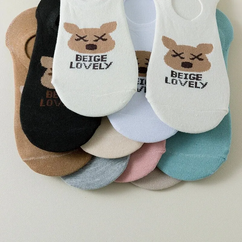 10 Pairs of Thin Bear Printed Socks, Thin Anti Slip Shallow Ankle Socks, WOMEN\'S Boat Socks and Silk Stockings