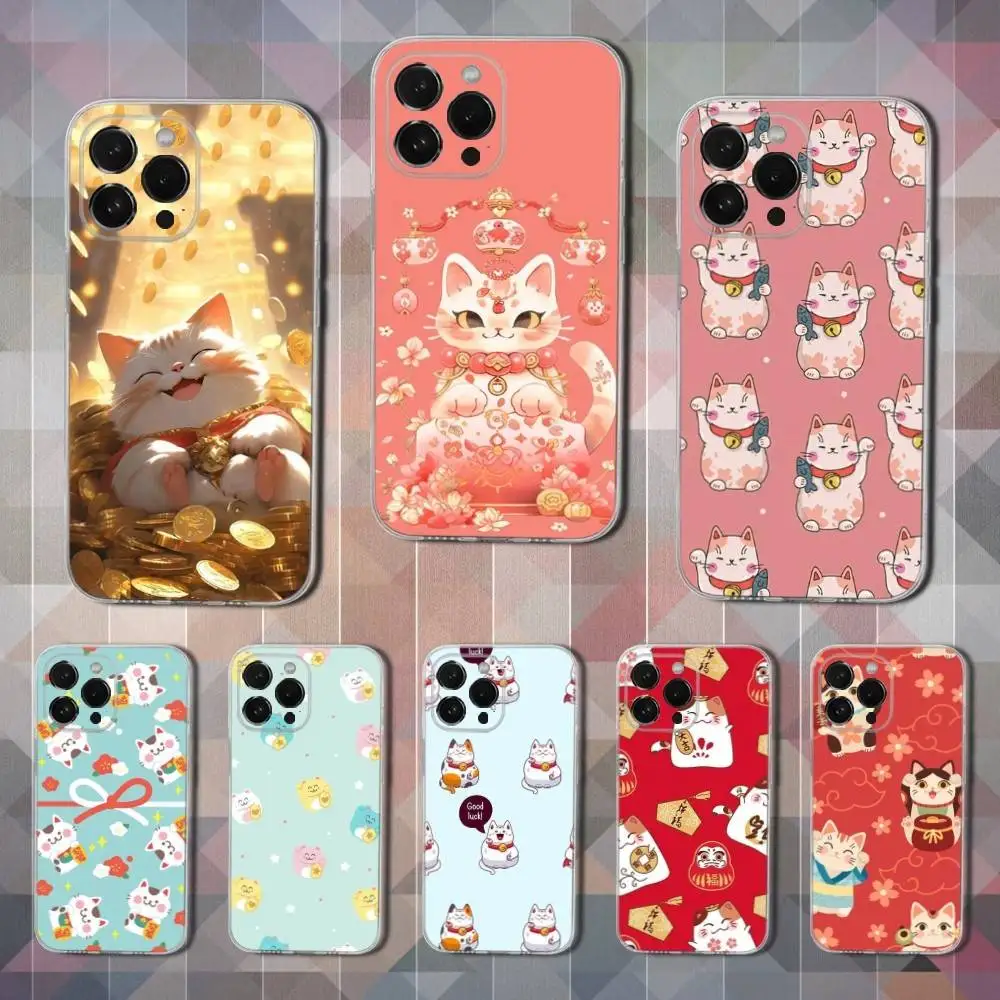 

Cute Lucky Cat Cartoon Phone Case For iPhone 16,15,14,13,12,11 Pro,Max,Plus,X,XS,XR,SE,Mini Transparent Soft Cover