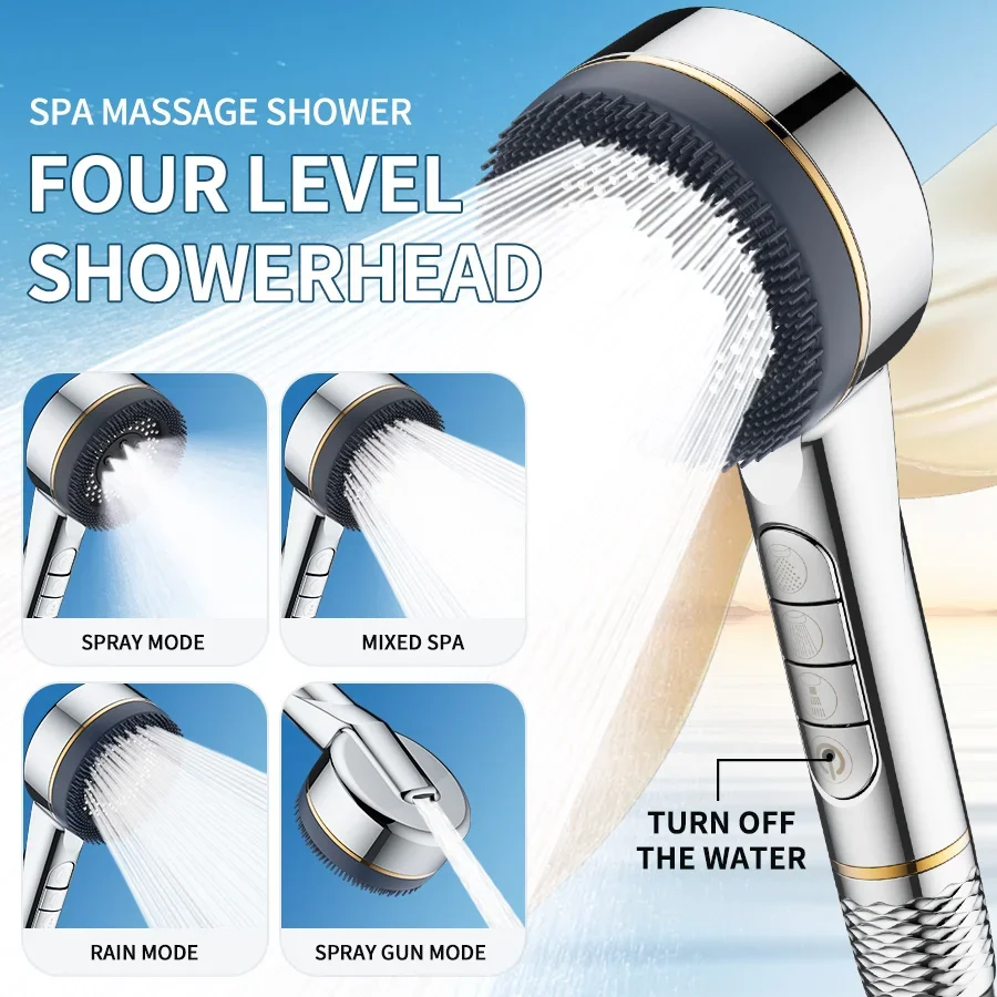 

Four-position buttons for adjusting a water-stop filter with powerful booster for the shower head with a strong spray