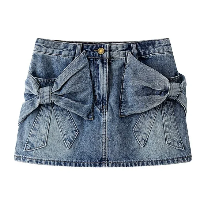 High Waisted Denim Short Skirt Kawaii Sexy Party Mini Jeans Skirts Bows A Line Slim Blue Streetwear Y2K Skirt Summer Hotsweet