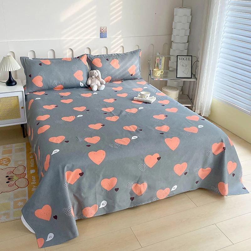 Love Heart Printed Bed Sheets 3pcs Bedding Set Home Textiles Grey Flat Sheets Polyester Fabric Queen King Beds with Pillowcases