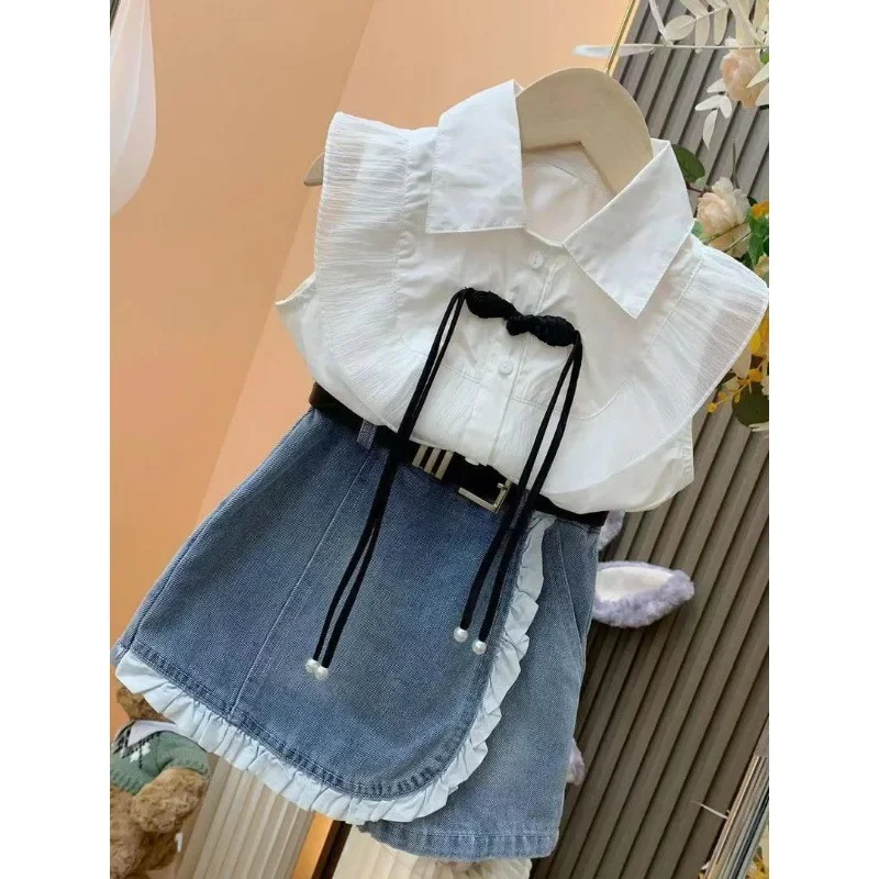 Girl Princess Style Set 2024 Summer New Baby Girl Flying Sleeve Shirt+Cowboy Lace Skirts 2PCSChildren Clothing Sets