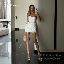 White Luxury 3D Flowers Short Civil Wedding Dresses Party Gowns Lace Up Back Mini Bride Dress Customized Vestidos De Novias