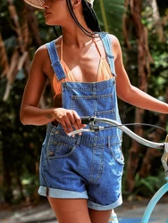 Zomer Dames Denim Overalls Verstelbare Bandjes Romper Shorts Y 2K Stijl Casual Gerolde Manchet Shortalls Met Zakken Streetwear