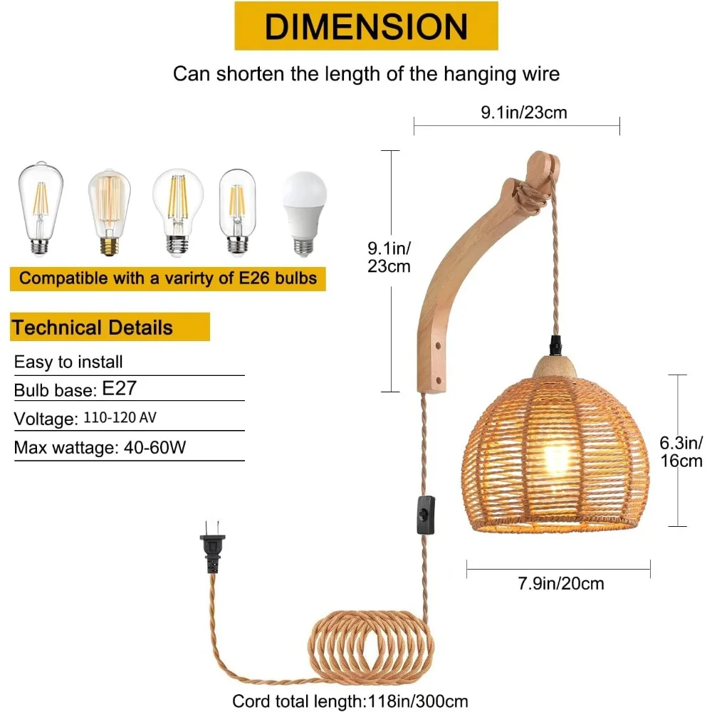 Farmhouse Boho Plug-In Rattan Wall Lights, Handcrafted E27 Wall Sconce with Cord, On/Off Switch for Bedroom Home Decor