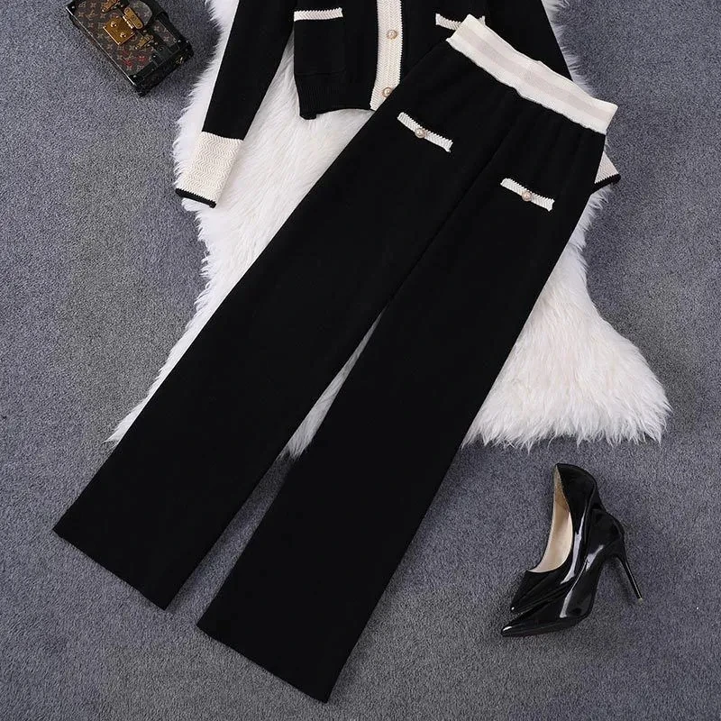 Spliced Casual Knitted Spring Fall Two Piece Sets Single Breasted Cropped Cardigan Tops Outfit Elegant High Waist Pants Suit