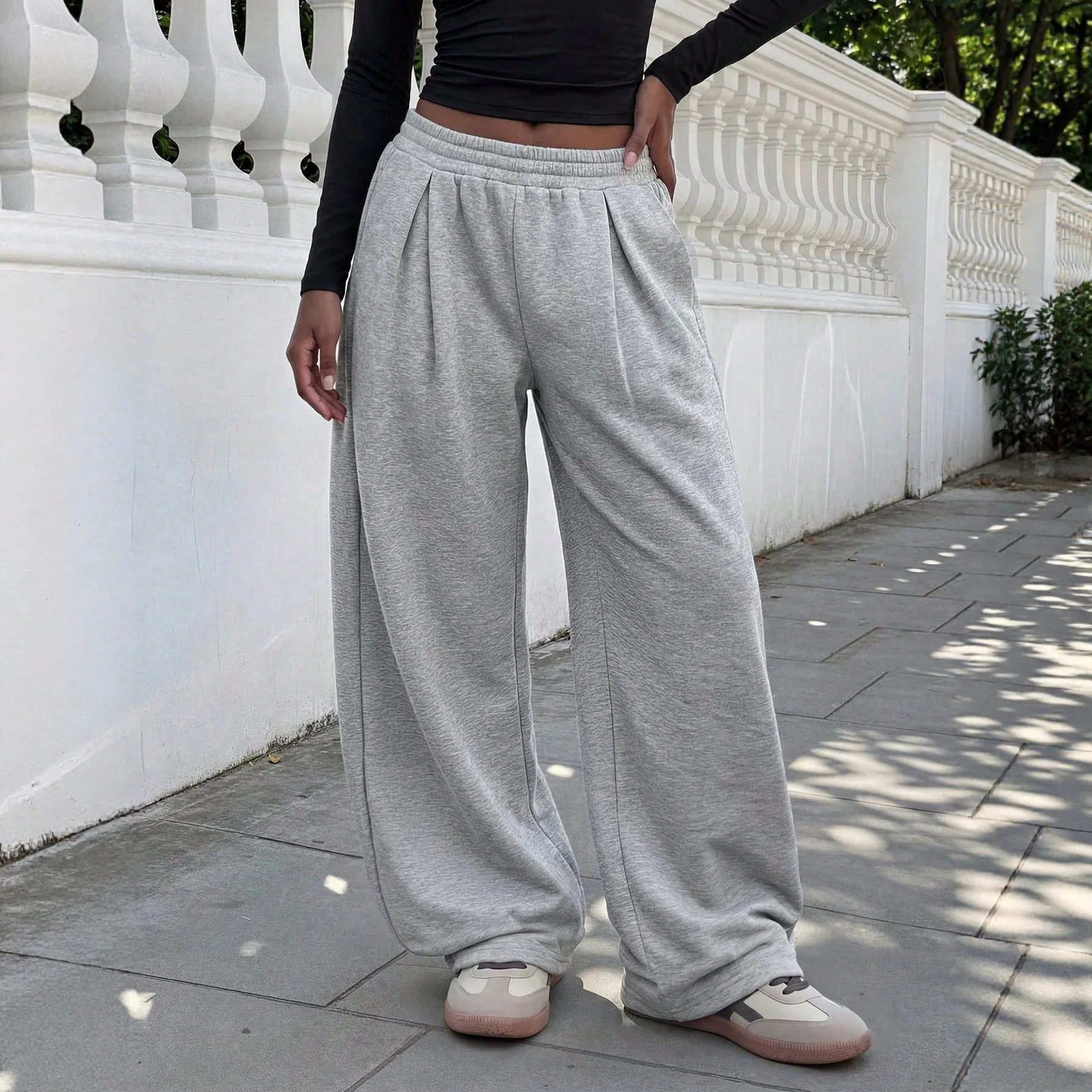 Women Solid Wide Leg Pants Straight Trousers Full Lenth Mid Elastic Waist Slight Strech Loose Fit Office Lady Casual 2026 Autumn